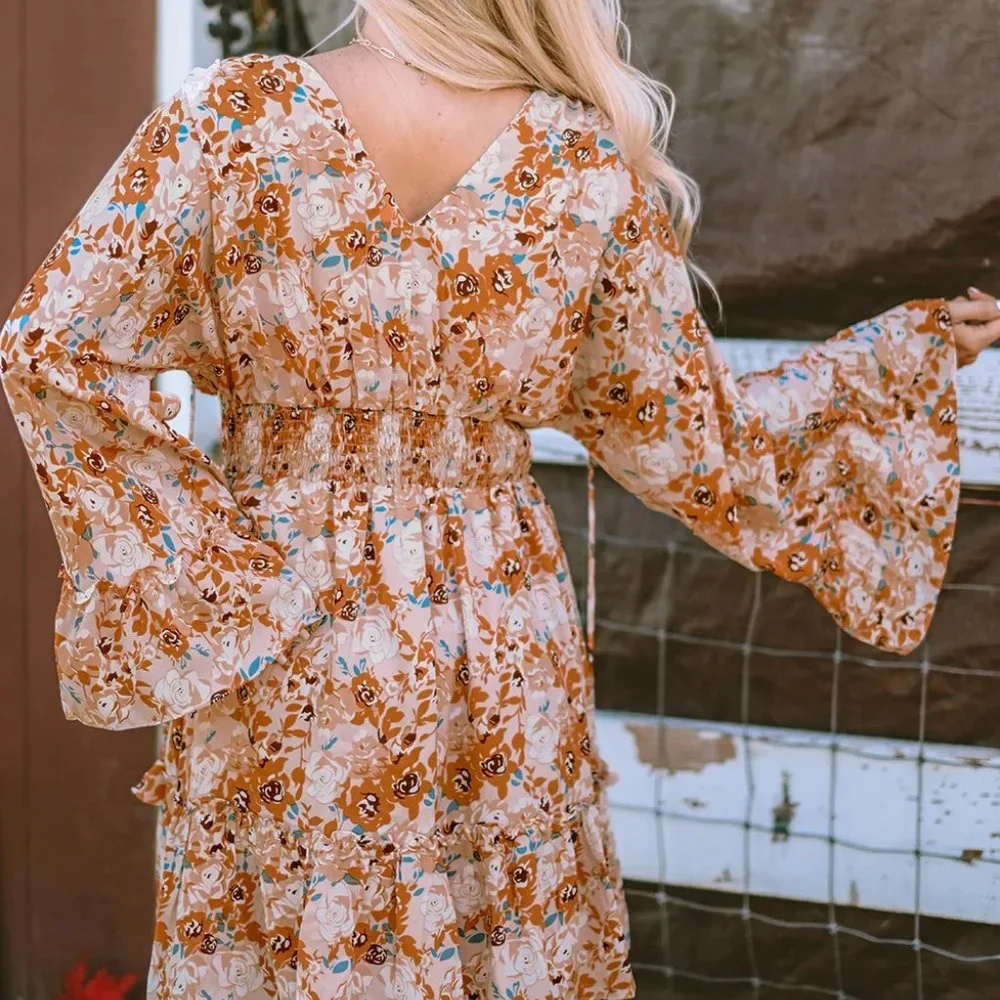 Orange Floral Smocked Waist Dress - Picture 8 of 11
